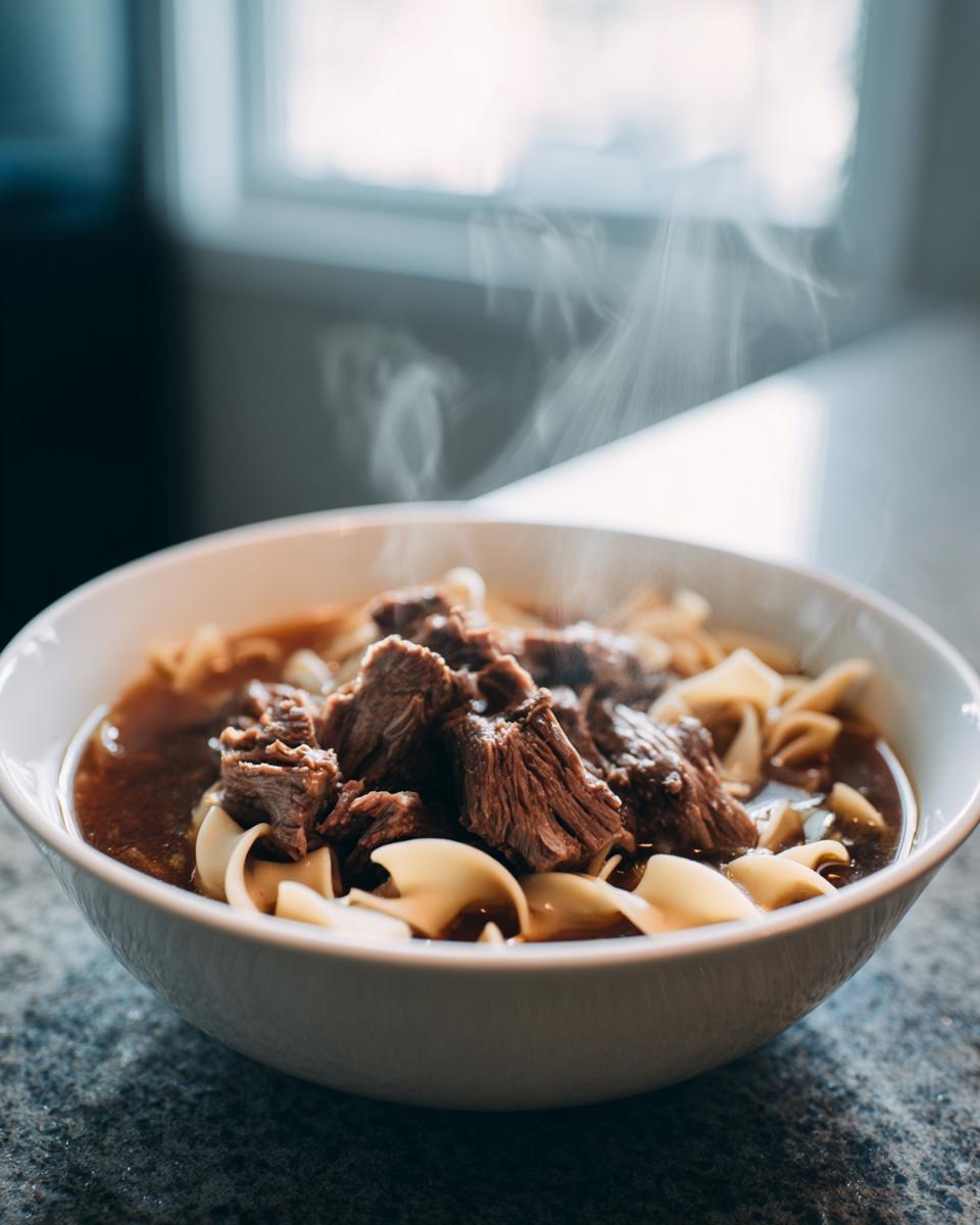 Close-up of a white bowl filled with hot beef noodle soup, featuring tender chunks of beef and egg noodles, with steam rising.