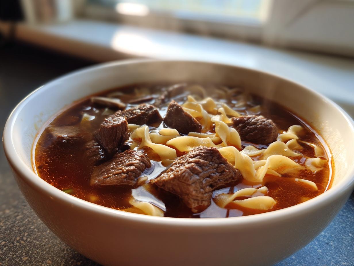 Close-up of a steaming white bowl filled with rich broth, tender chunks of beef, and wide egg noodles in this amazing beef noodle soup.