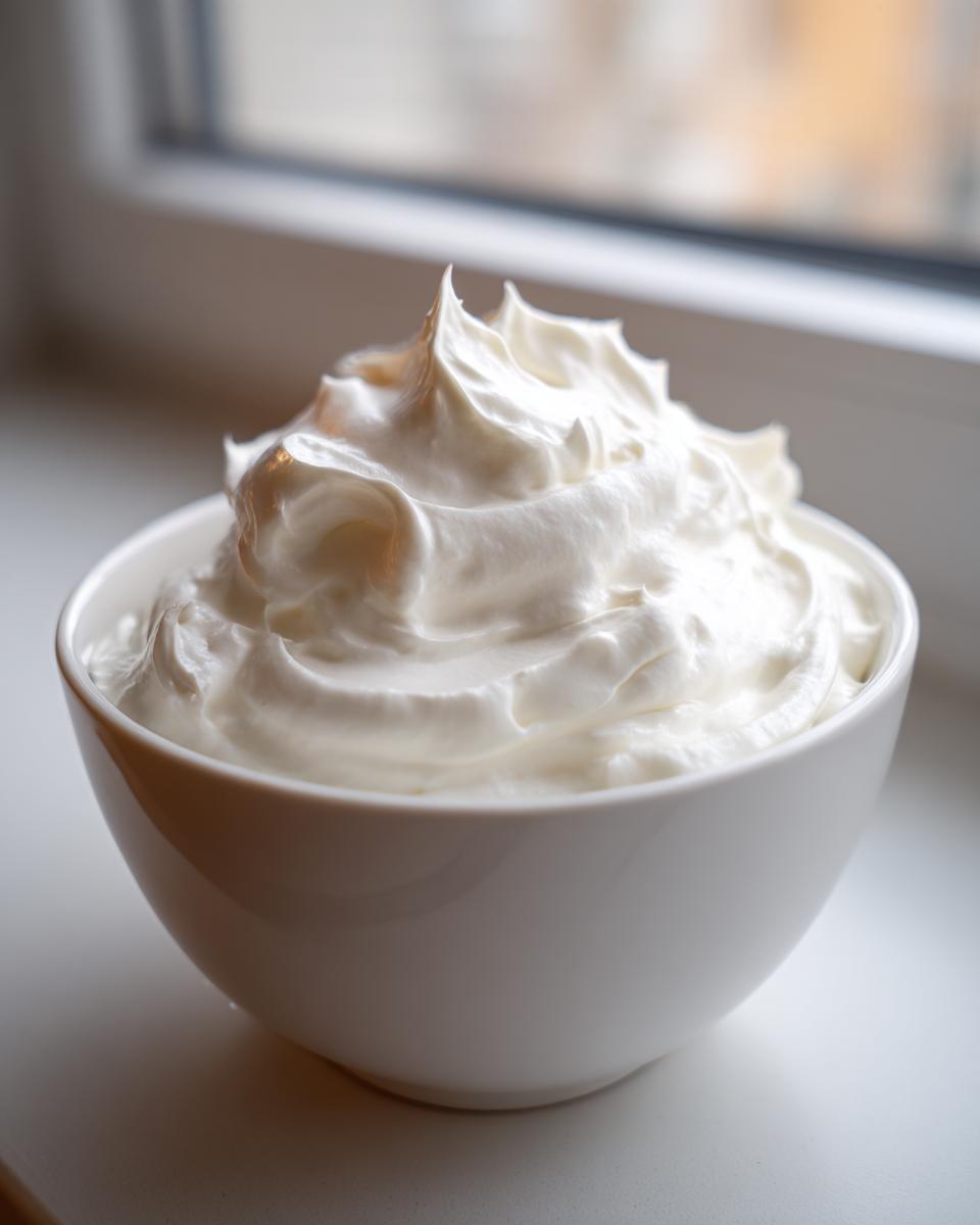 A white bowl filled with freshly made, stiff-peaked royal icing recipe, set near a window.