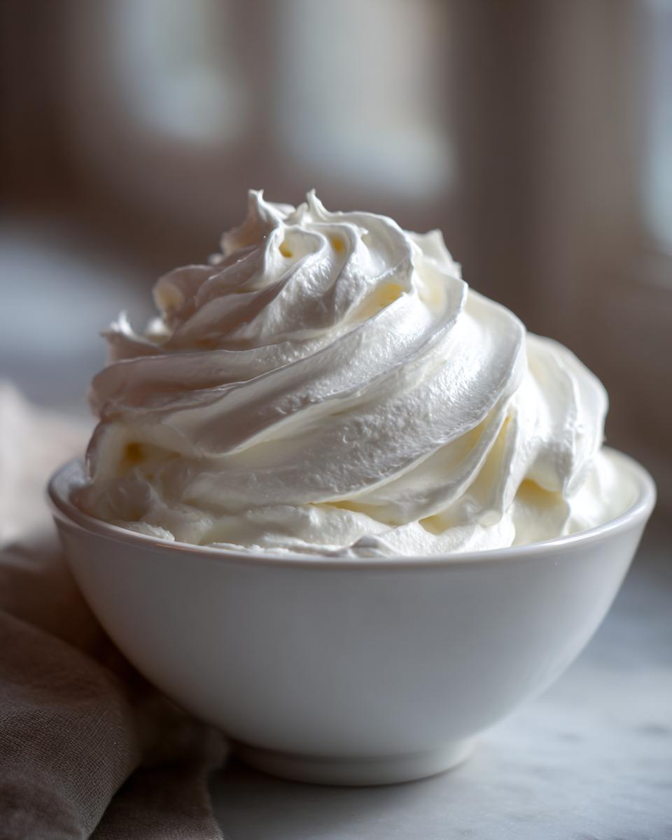 A close-up of stiff, glossy white royal icing recipe mixture piped into stiff peaks in a small white bowl.
