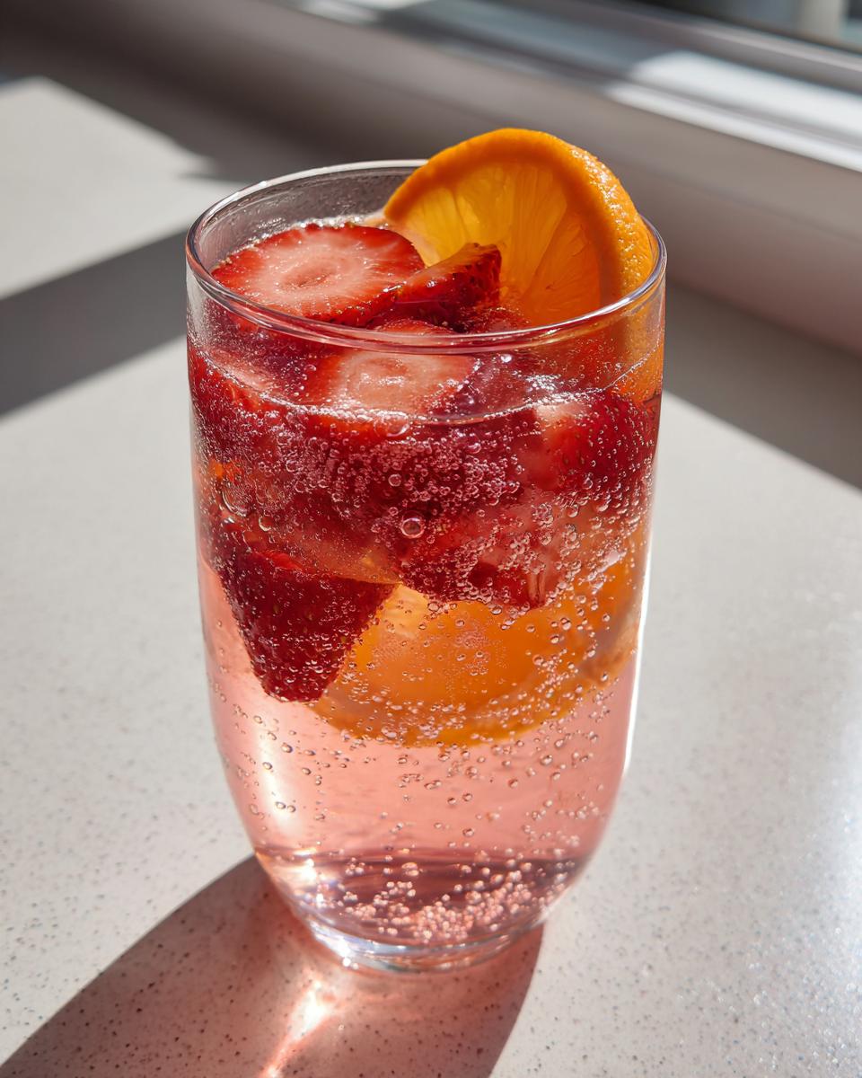 A tall glass filled with pink champagne punch, sliced strawberries, and an orange slice, showing lots of bubbles.