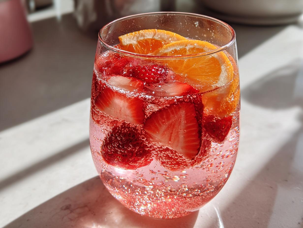 Close-up of a glass filled with sparkling pink champagne punch, fresh strawberries, and orange slices.