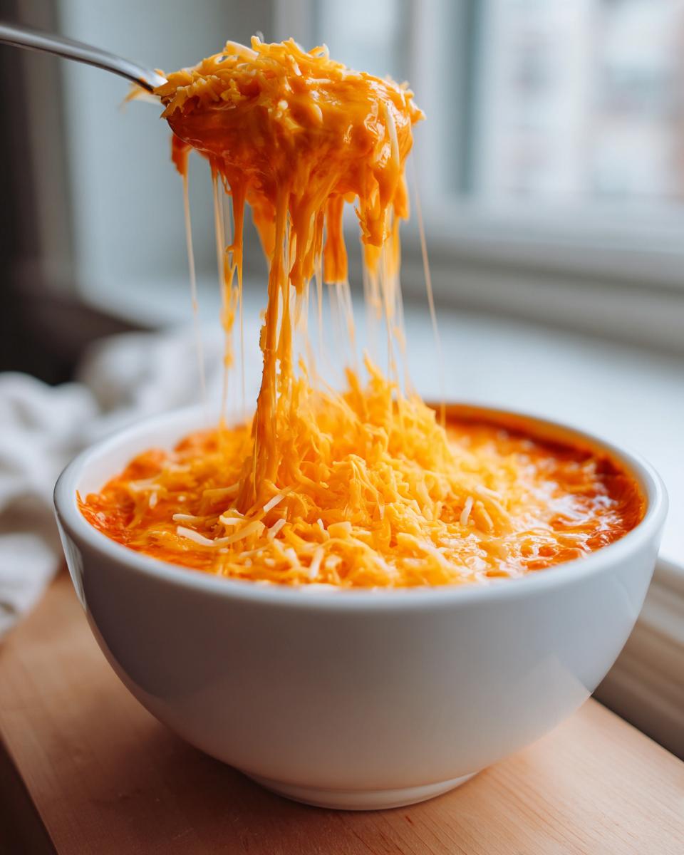 A spoonful of hot chili cheese dip showing extreme cheese pull over a white bowl topped with shredded cheddar.