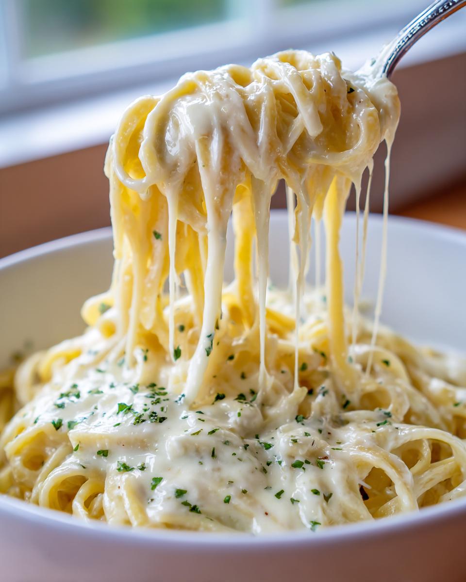 A fork lifts fettuccine coated in rich, creamy olive garden alfredo sauce, showing long cheese pulls.