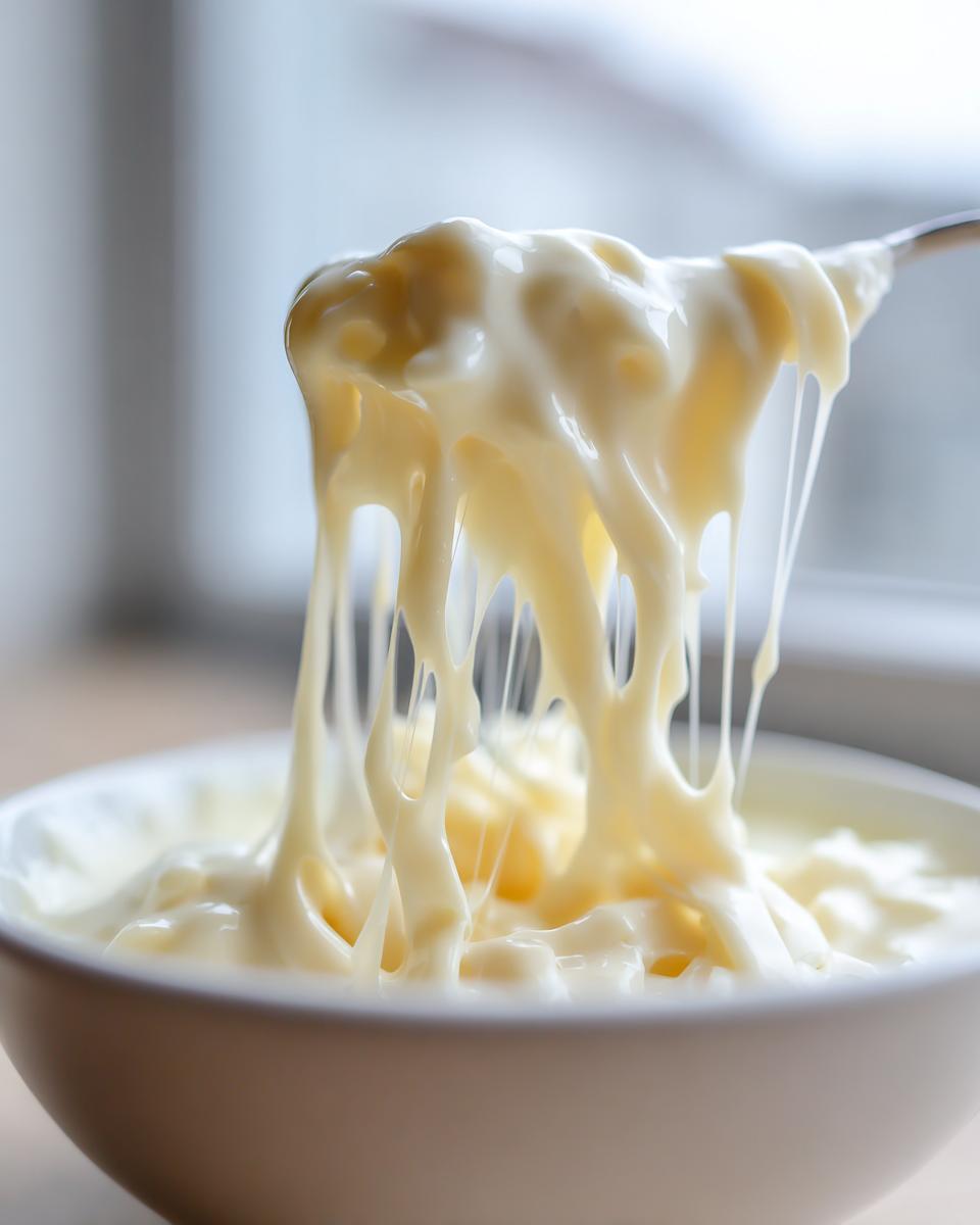 Close-up of thick, creamy olive garden alfredo sauce stretching as it is lifted from a white bowl with a spoon.