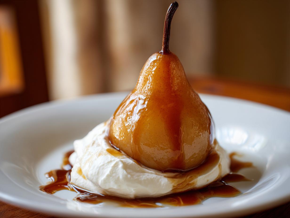 A beautifully glazed poached pear resting on a dollop of whipped cream, drizzled with rich syrup.