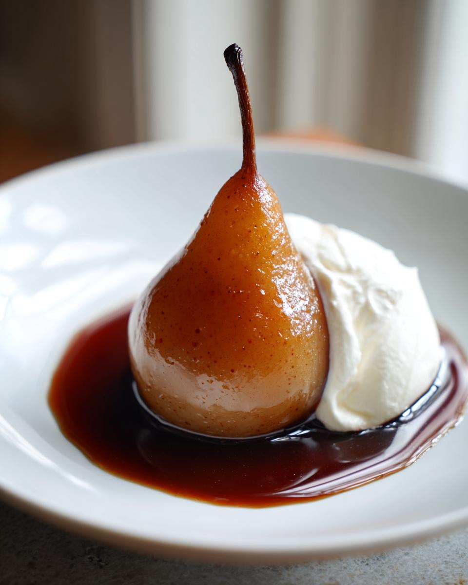 A single, glossy, brown poached pear served on a white plate with a dollop of whipped cream and rich syrup.