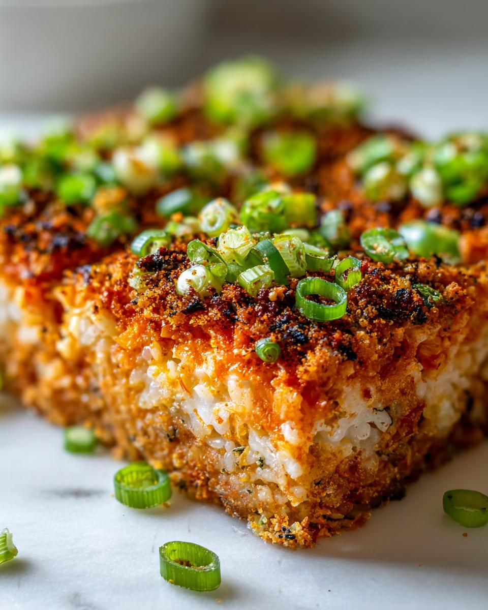 A close-up, macro shot of a square slice of baked sushi bake showing a crispy, seasoned top layer and white rice base, garnished with fresh green onions.