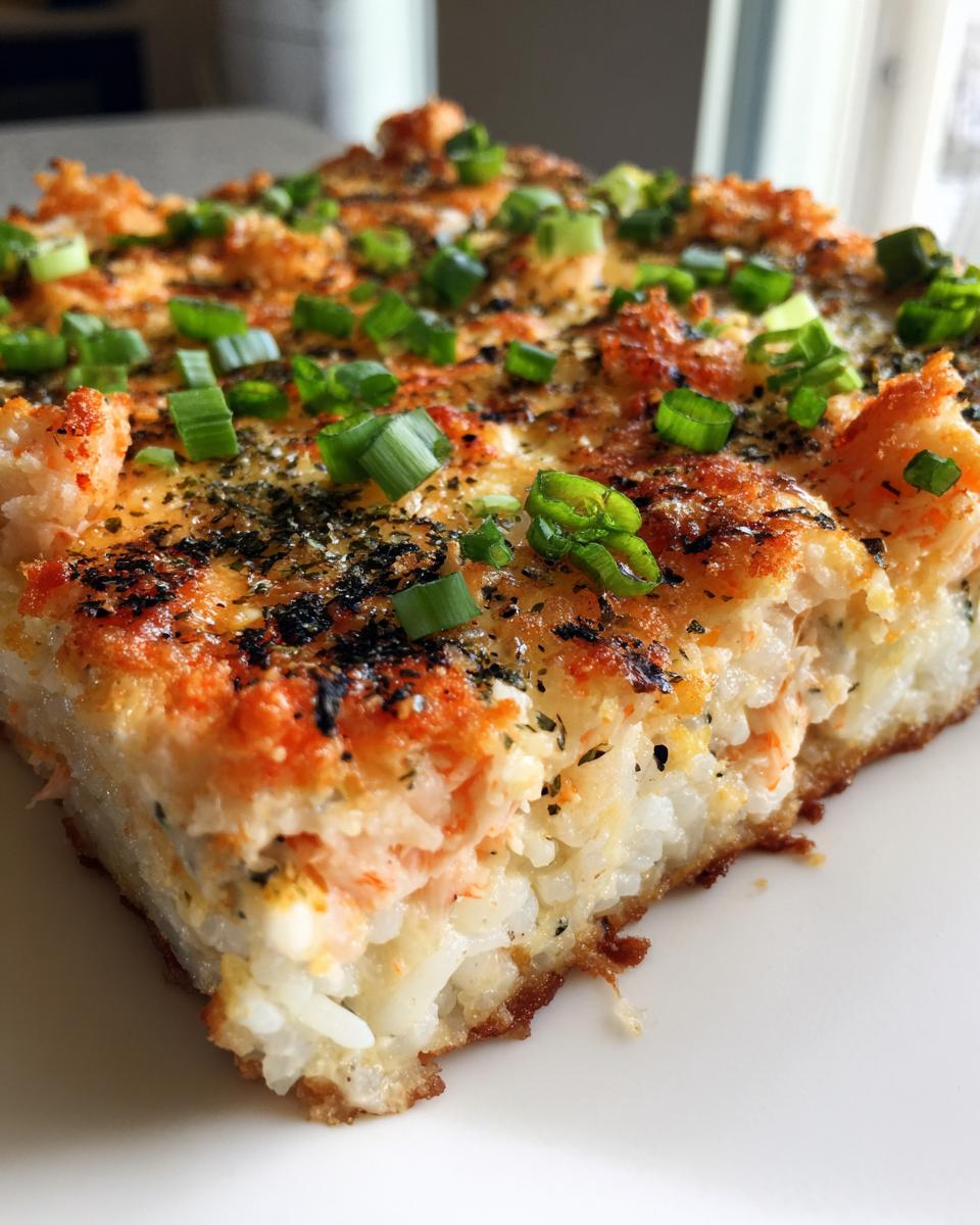A close-up, cross-section view of a square slice of baked sushi bake topped with creamy orange topping and fresh green onions.