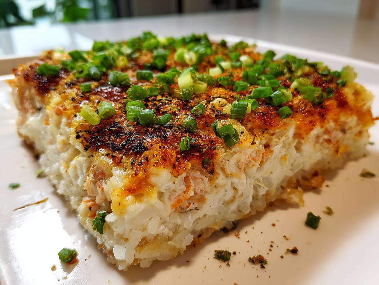 A close-up, featured image of a square slice of creamy, baked rice and seafood topping, garnished with green onions, representing the sushi bake.