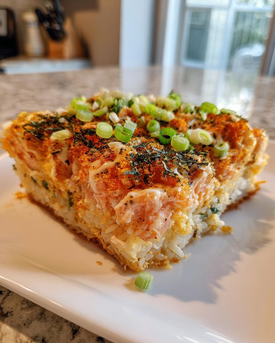 A square slice of baked rice and salmon topping, garnished with furikake and green onions, representing a delicious sushi bake.