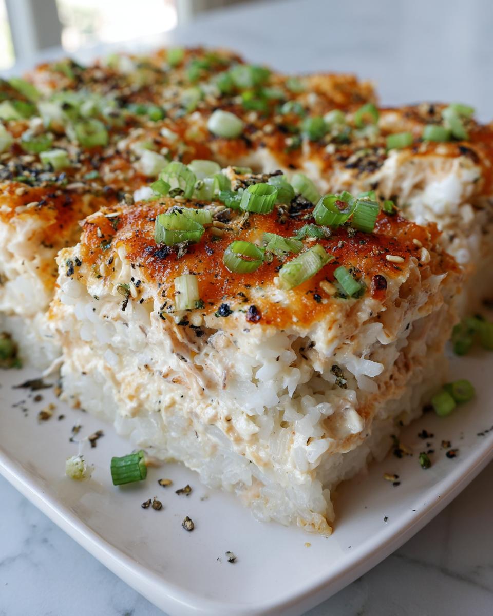 A thick, square slice of creamy sushi bake showing layers of rice and topping, garnished with furikake and green onions.