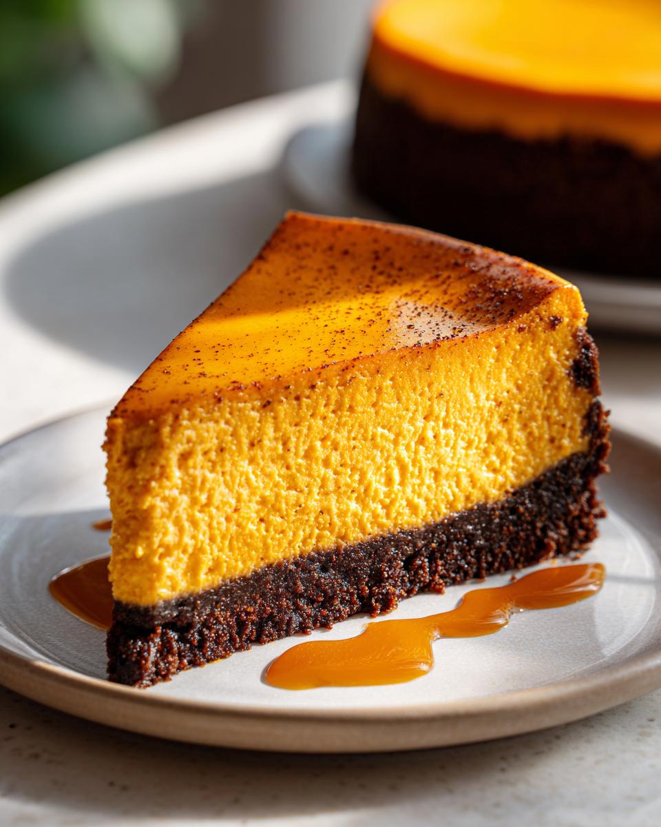 A thick slice of vibrant orange sweet potato cheesecake with a dark chocolate crust, drizzled with caramel sauce.