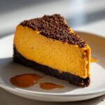 A rich, orange slice of sweet potato cheesecake with a dark crust and crumb topping, drizzled with caramel.