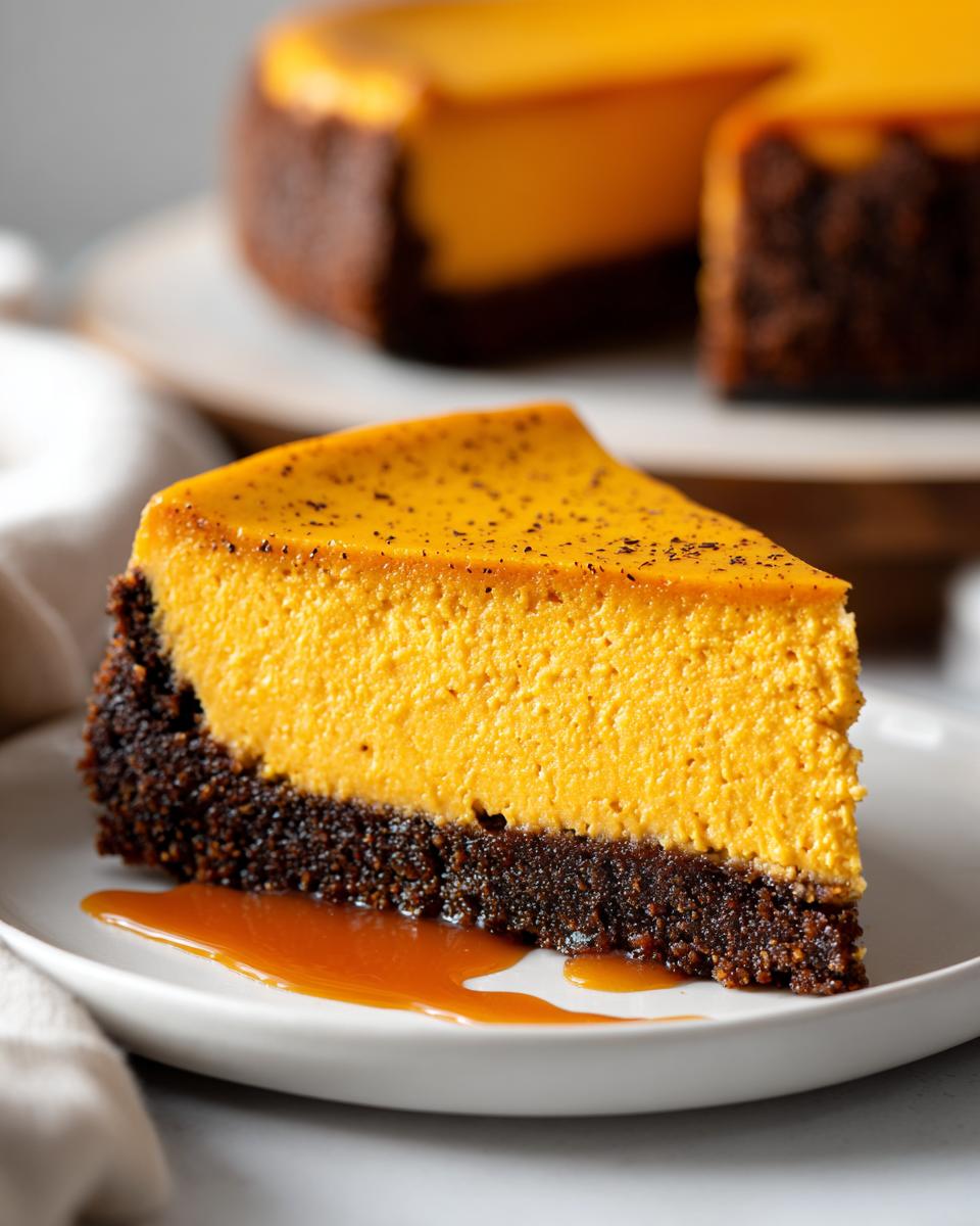 A close-up of a slice of vibrant orange sweet potato cheesecake with a dark chocolate crust, drizzled with caramel sauce.