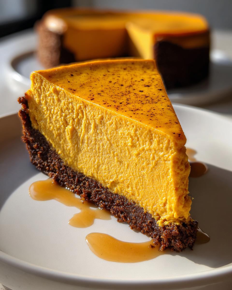 A close-up of a rich slice of sweet potato cheesecake with a dark crust, drizzled with caramel sauce.