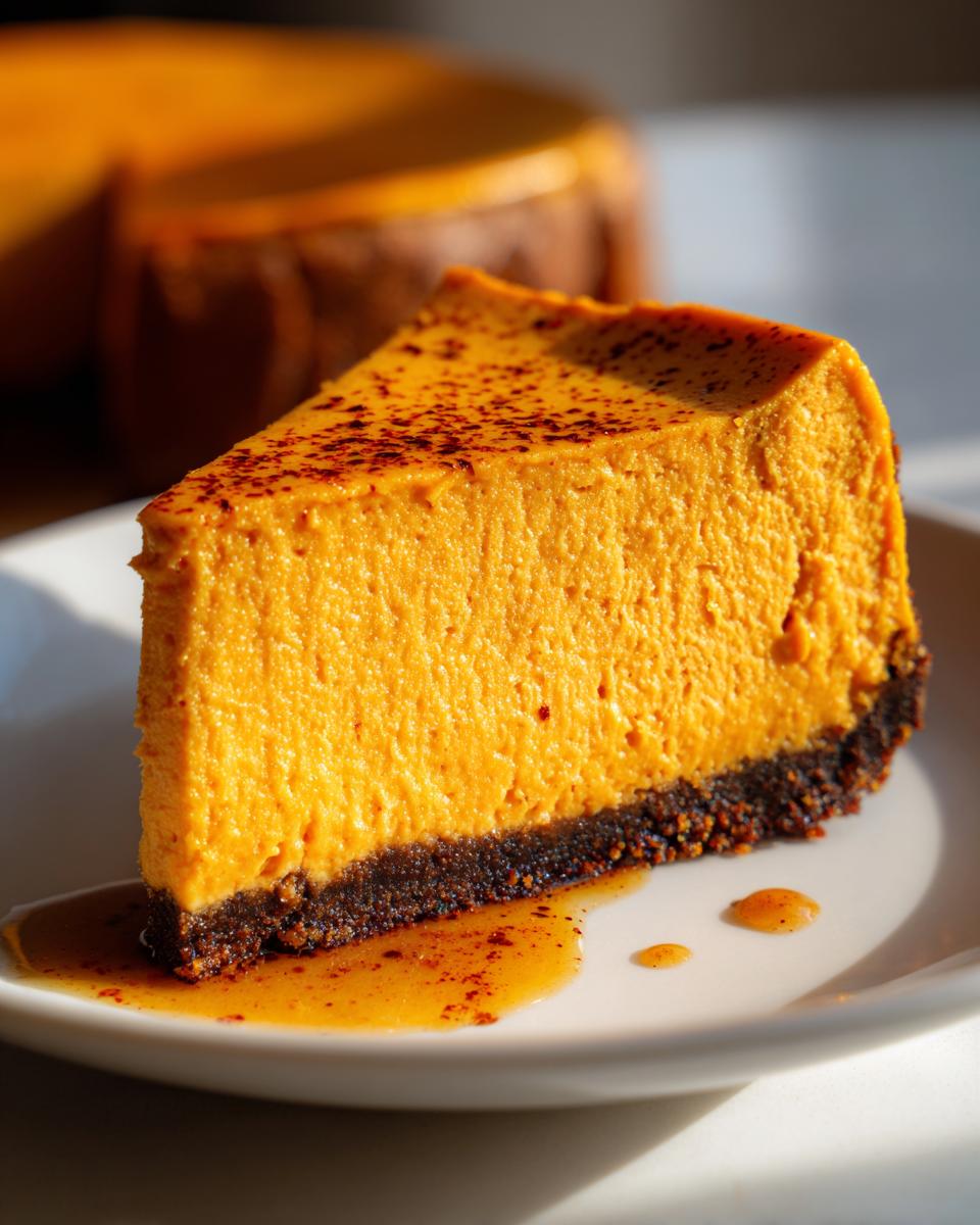 A close-up of a rich, orange slice of sweet potato cheesecake with a dark crust, drizzled with sauce.