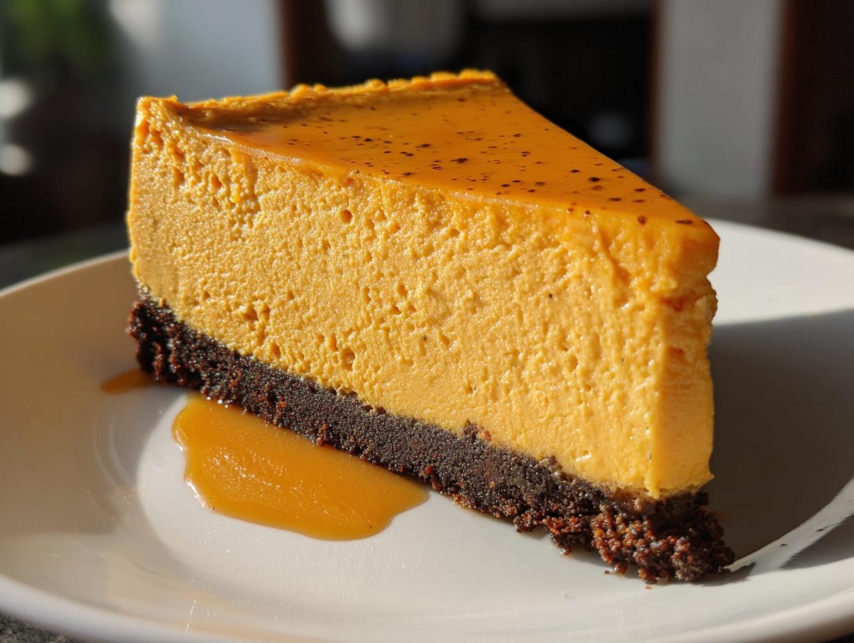 A thick slice of bright orange sweet potato cheesecake with a dark chocolate crust, served on a white plate with caramel sauce.