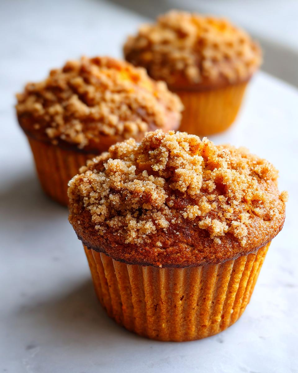 Three delicious sweet potato muffins with a thick, sugary brown sugar crumb topping, displayed on a white marble surface.