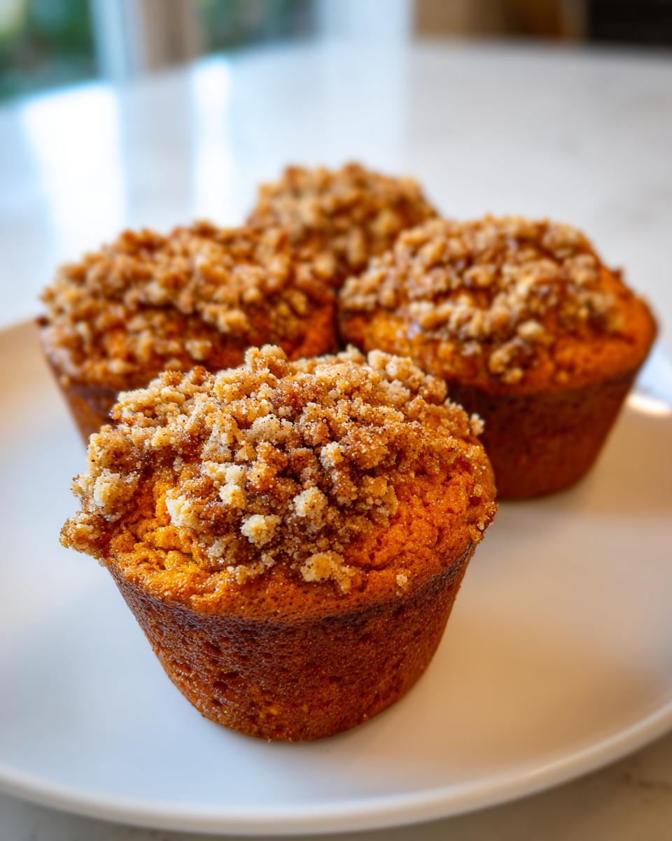 Four freshly baked sweet potato muffins topped with a generous cinnamon streusel crumb topping on a white plate.