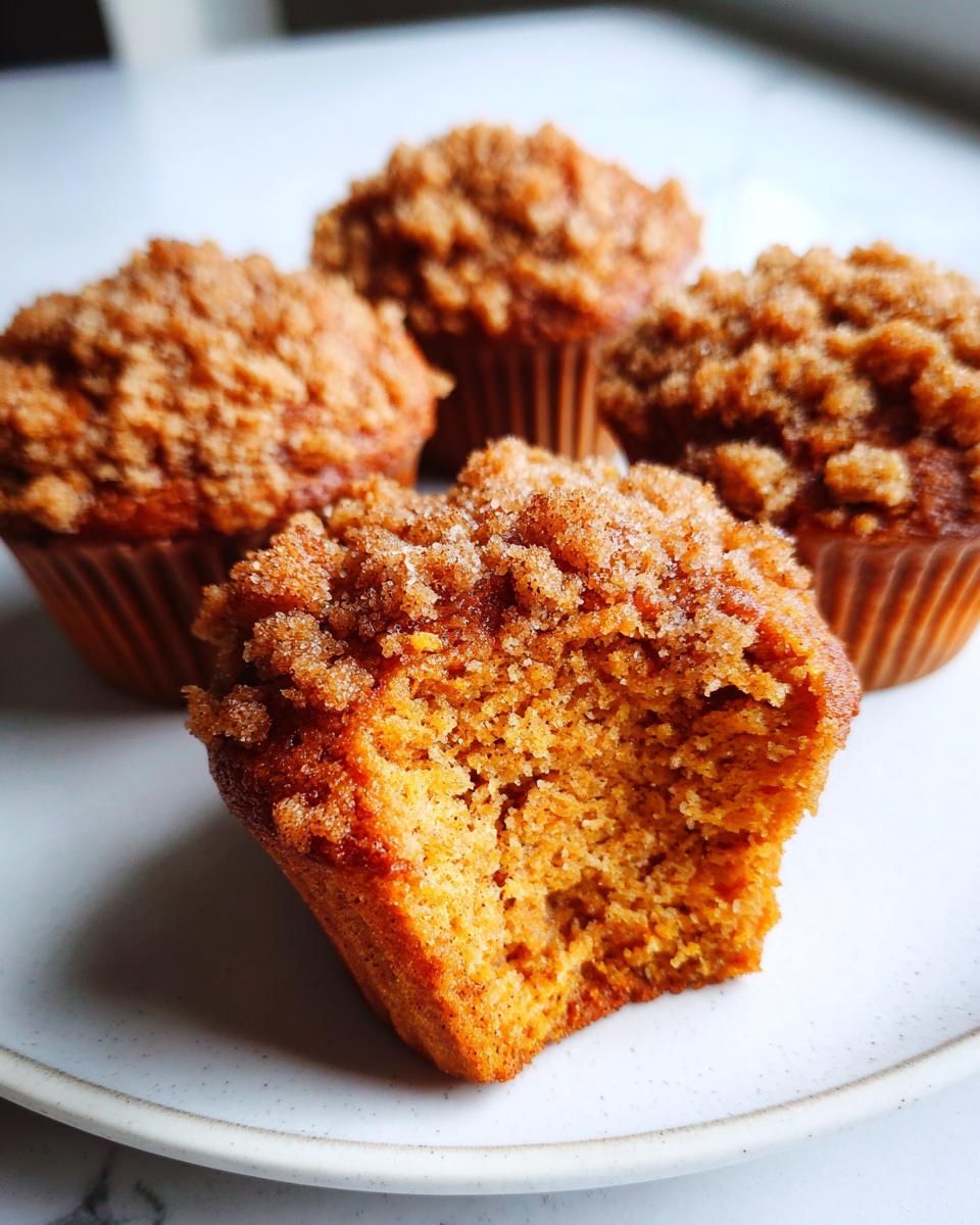 Close-up of a sweet potato muffin with a bite taken out, showing the moist interior and cinnamon streusel topping.