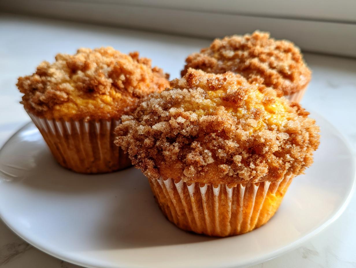 Three golden sweet potato muffins topped with a thick, sugary cinnamon streusel sitting on a white plate.