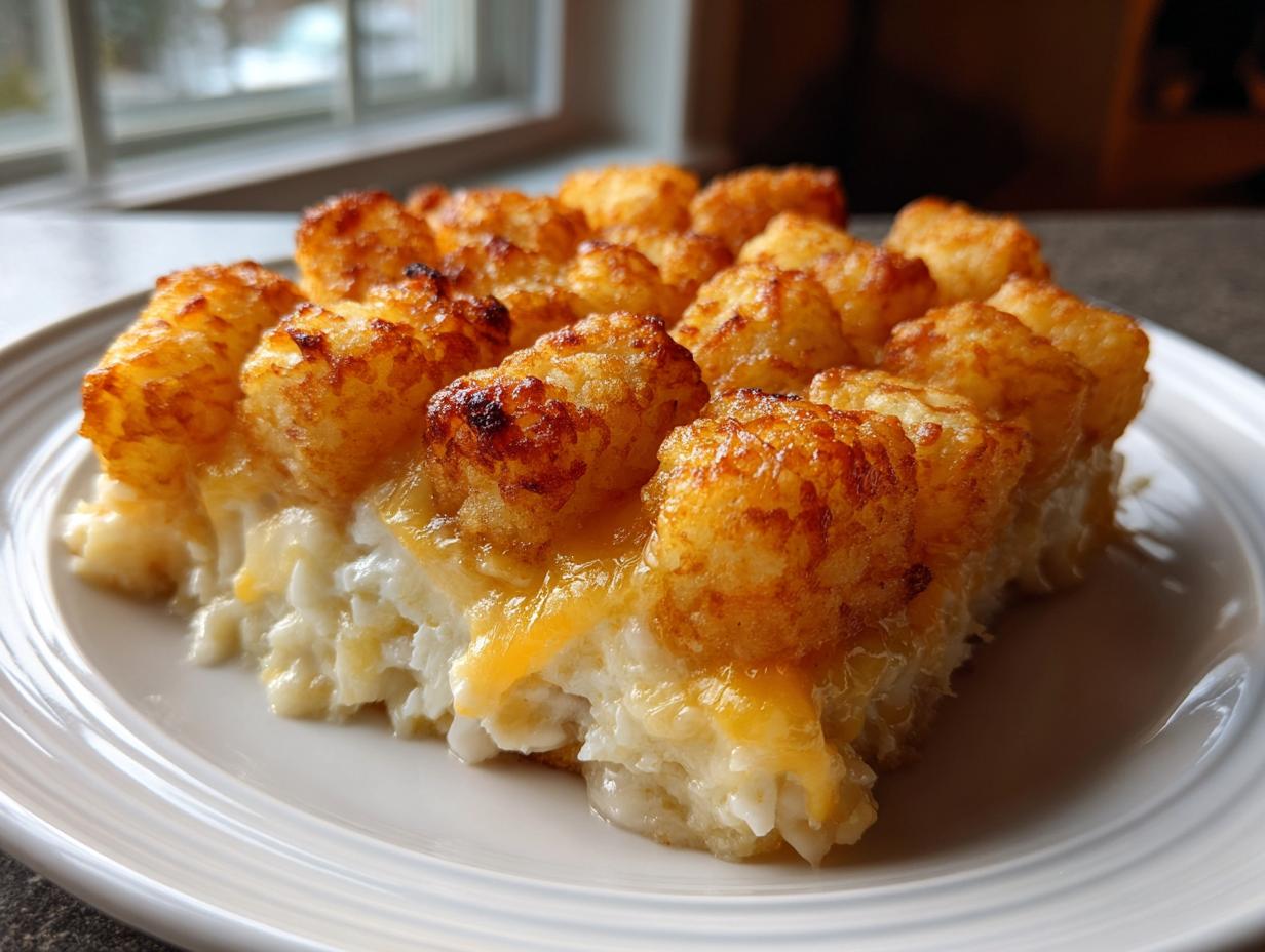 A close-up slice of baked tater tot casserole featuring crispy tater tots and melted cheese over a creamy base.