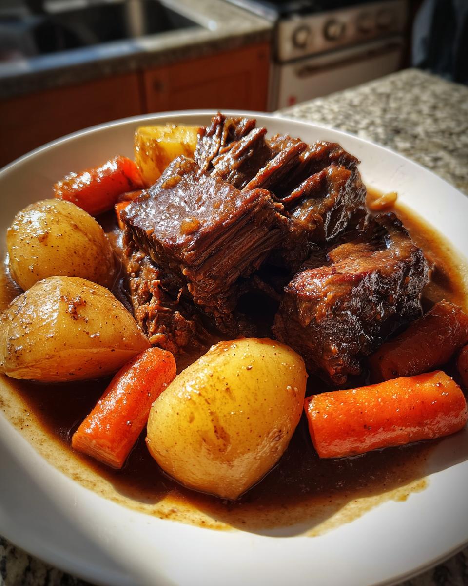 A close-up of a bowl filled with tender pot roast chunks, whole potatoes, and carrots in rich gravy.