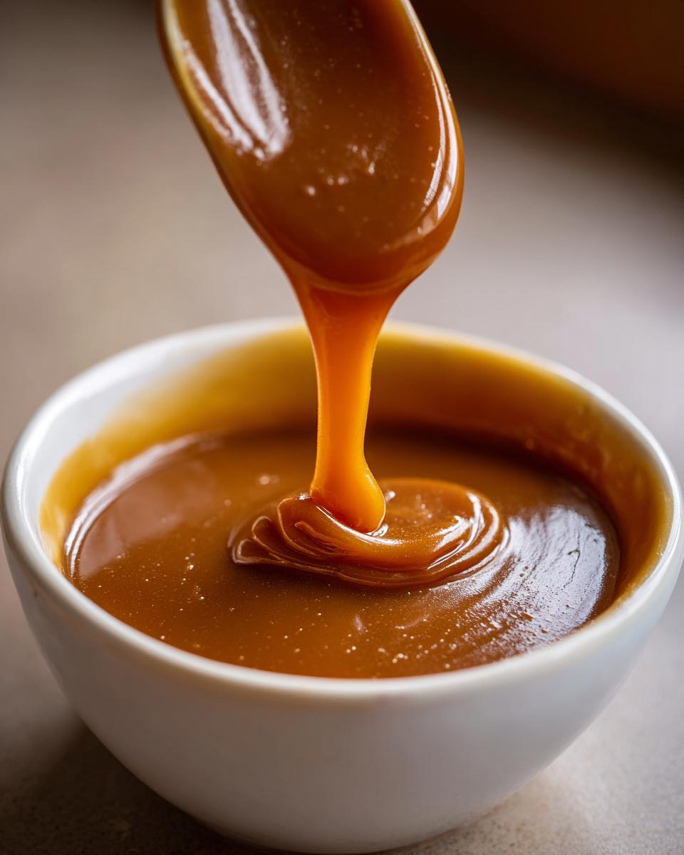Close-up of thick, glossy caramel sauce dripping from a spoon back into a white bowl.