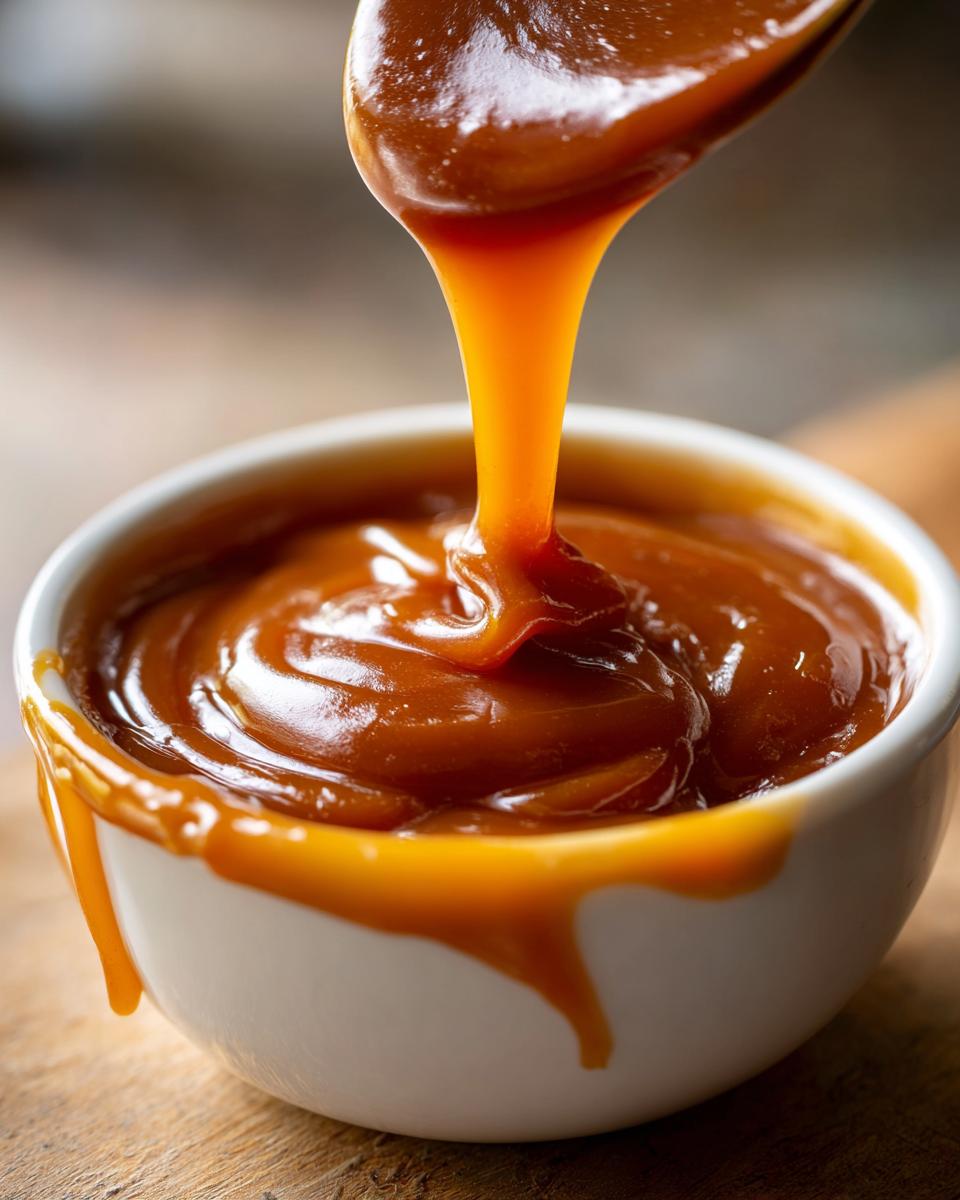 Close-up of thick, glossy caramel sauce being poured from a spoon into a small white bowl.