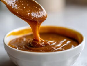 Close-up of thick, glossy homemade caramel sauce being drizzled from a spoon into a white bowl.