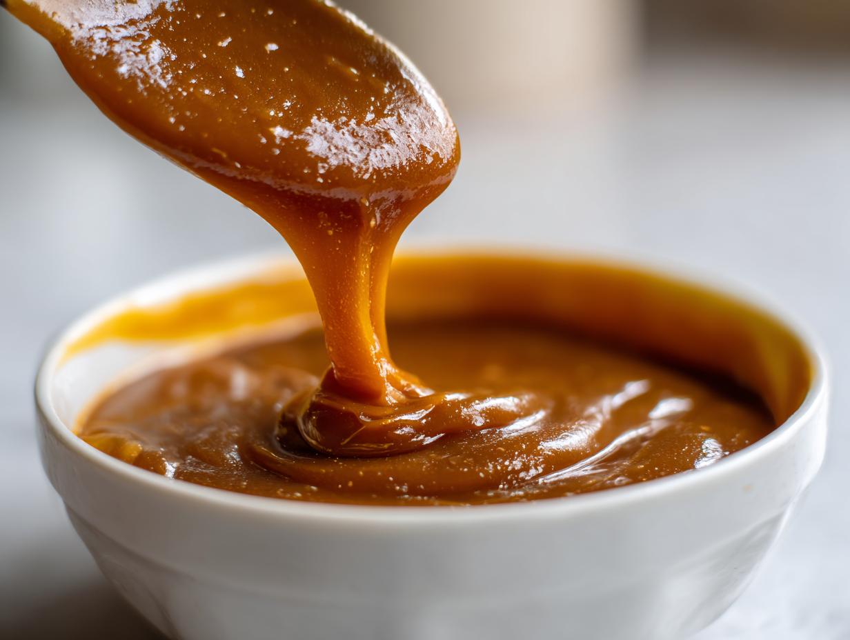 Close-up of thick, glossy homemade caramel sauce being drizzled from a spoon into a white bowl.