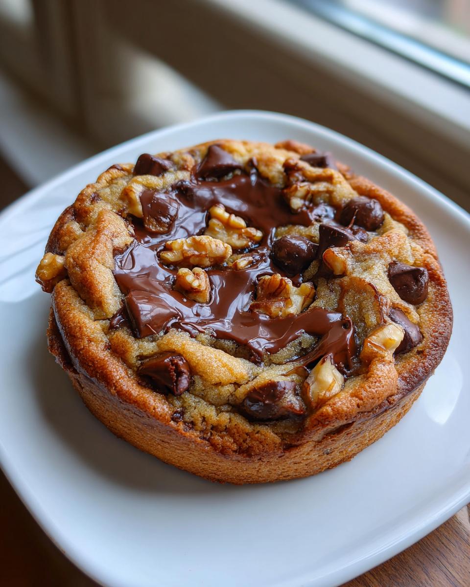 A thick, freshly baked levain bakery chocolate chip cookie topped with melted chocolate and walnuts on a white plate.