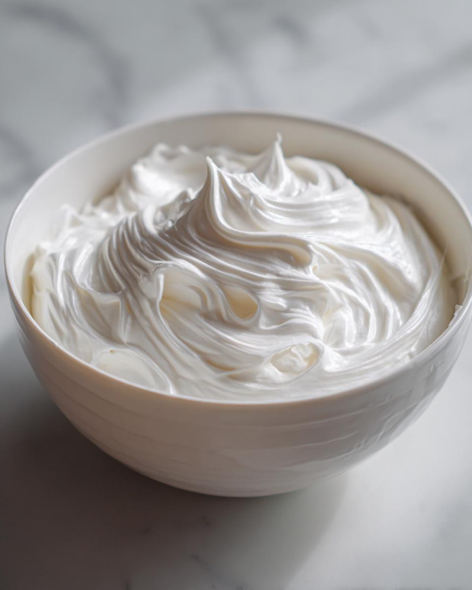 Close-up of thick, bright white royal icing recipe mixture swirled high in a white bowl.