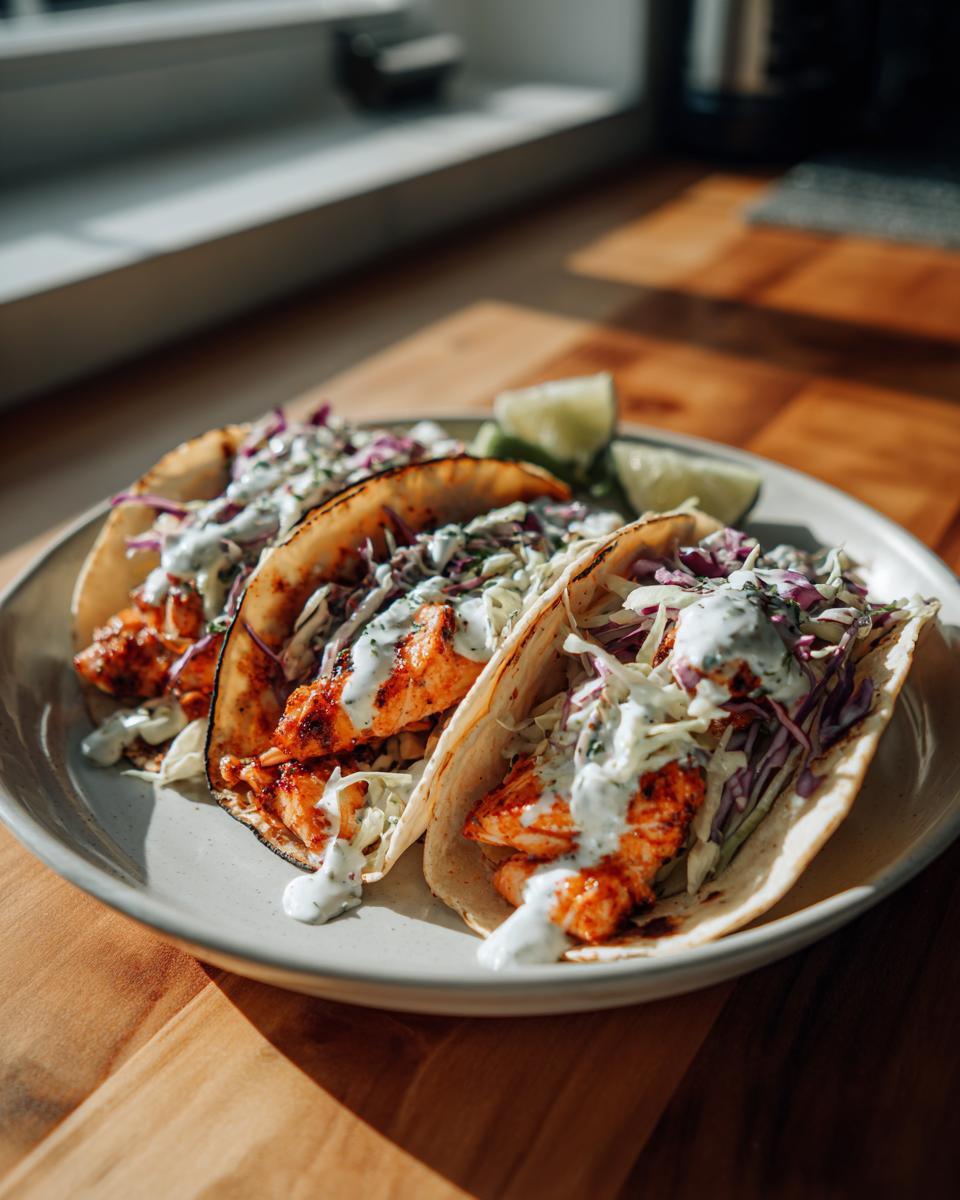 Close-up of three soft shell salmon tacos topped with slaw and a drizzle of white sauce, served with lime wedges.
