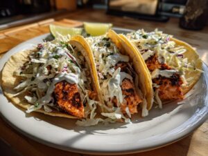 Three soft shell salmon tacos filled with blackened salmon, white slaw, and drizzled with white sauce, served with lime wedges.