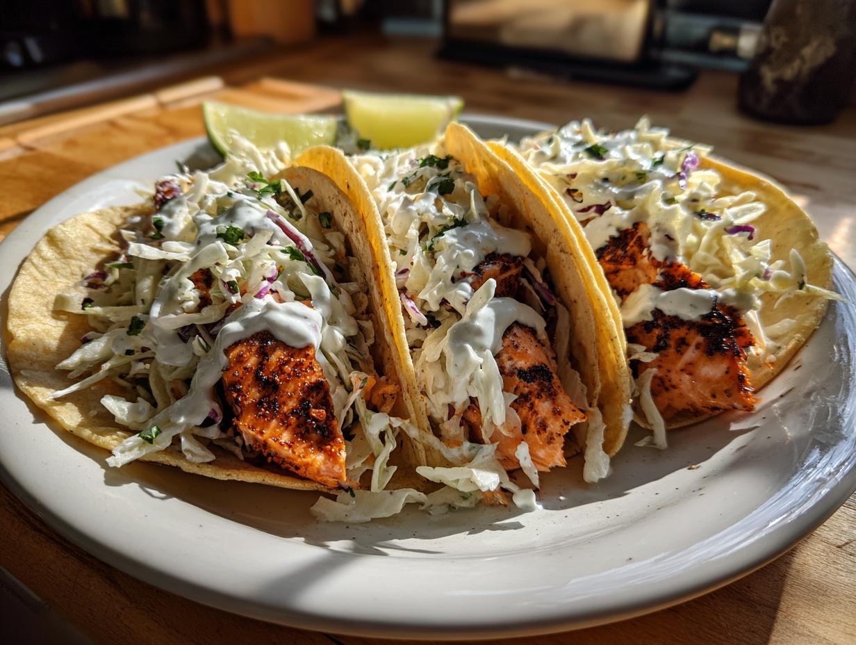 Three soft shell salmon tacos filled with blackened salmon, white slaw, and drizzled with white sauce, served with lime wedges.