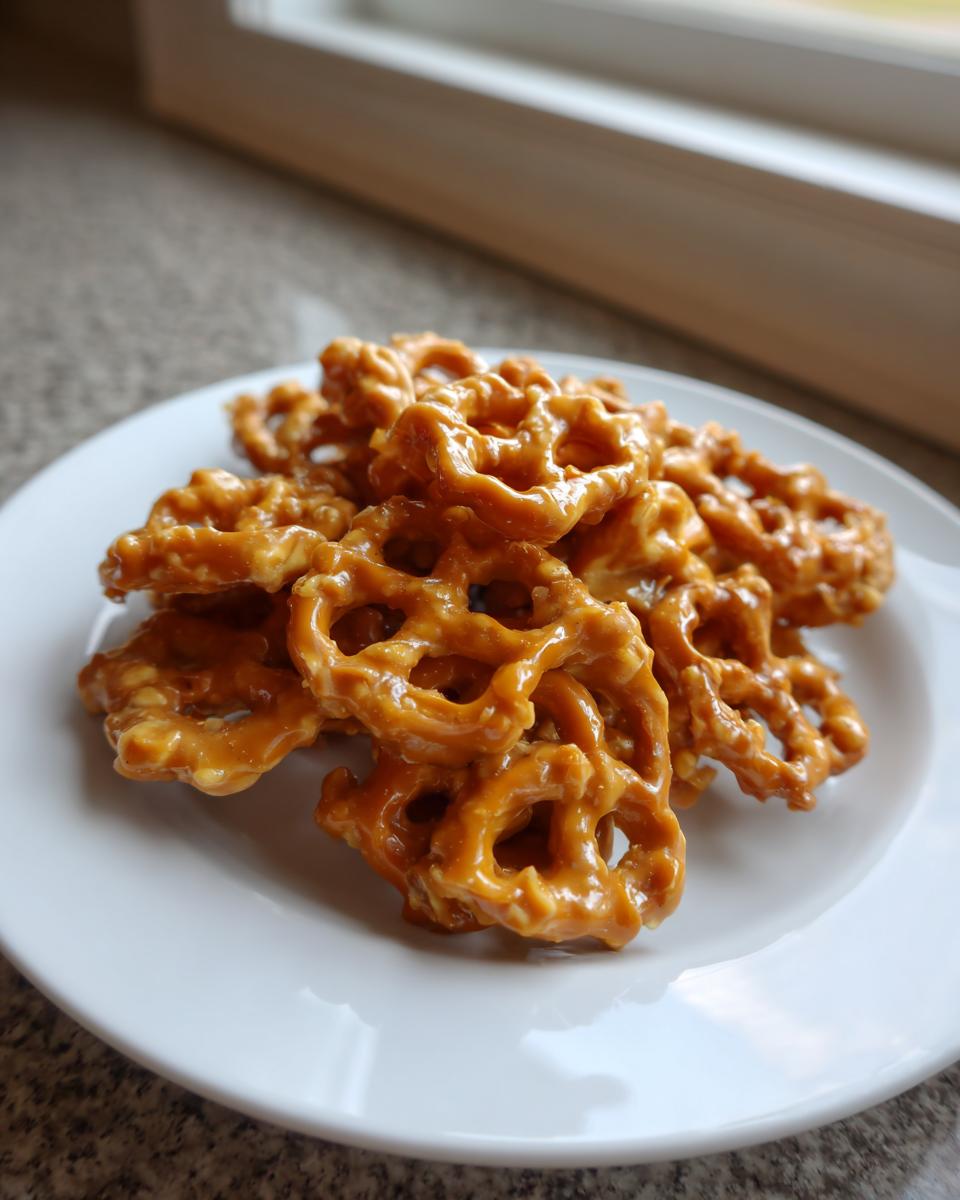 A pile of lattice-shaped pretzels completely coated in glossy, golden-brown toffee, ready to eat.