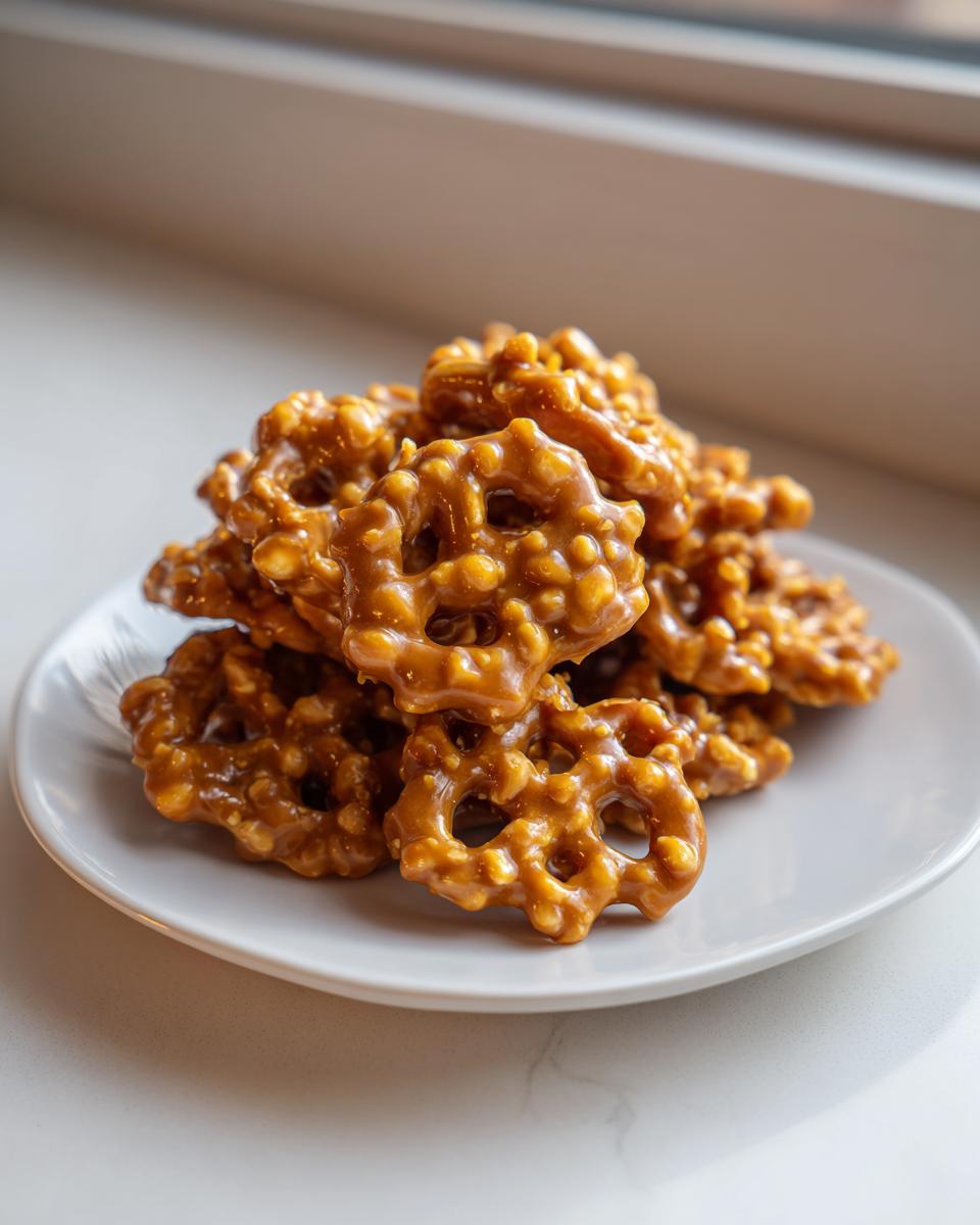 A stack of homemade toffee pretzels crunch treats coated in glossy caramel and nuts, resting on a white plate.