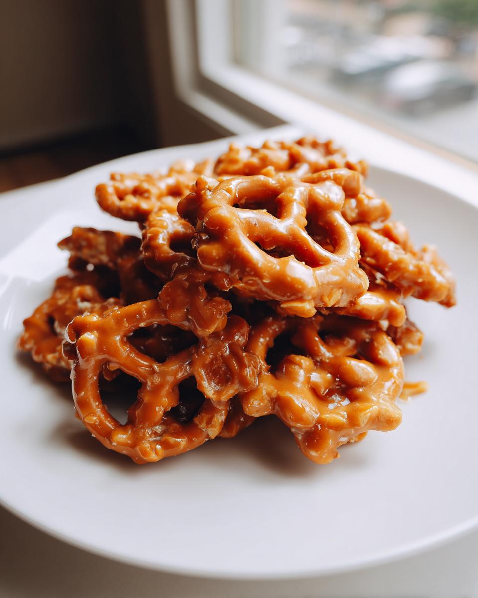 A close-up of a pile of crunchy, glazed toffee pretzels stacked on a white plate near a window.