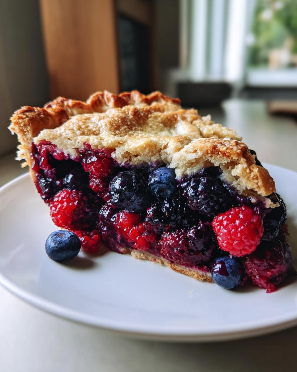 A close-up of a thick slice of triple berry pie showing juicy raspberries, blueberries, and blackberries under a golden, flaky crust.