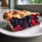 A close-up of a thick slice of triple berry pie showing a juicy berry filling and golden lattice crust.