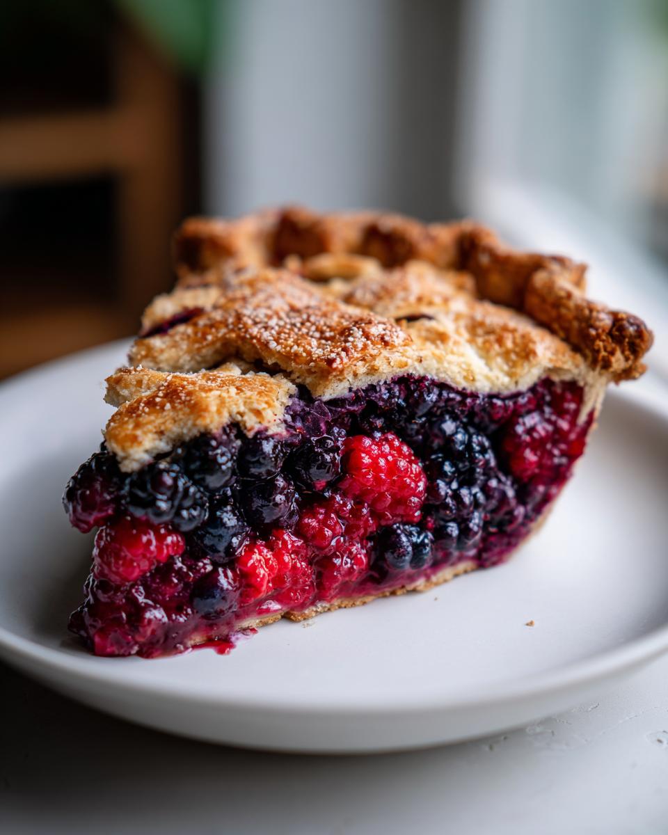 A close-up of a thick slice of triple berry pie showing a juicy filling of raspberries and blueberries, topped with a golden lattice crust.