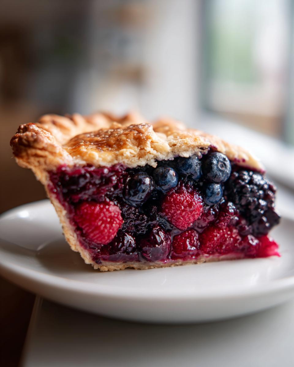Close-up of a thick slice of triple berry pie showing raspberries, blueberries, and blackberries in a rich filling.