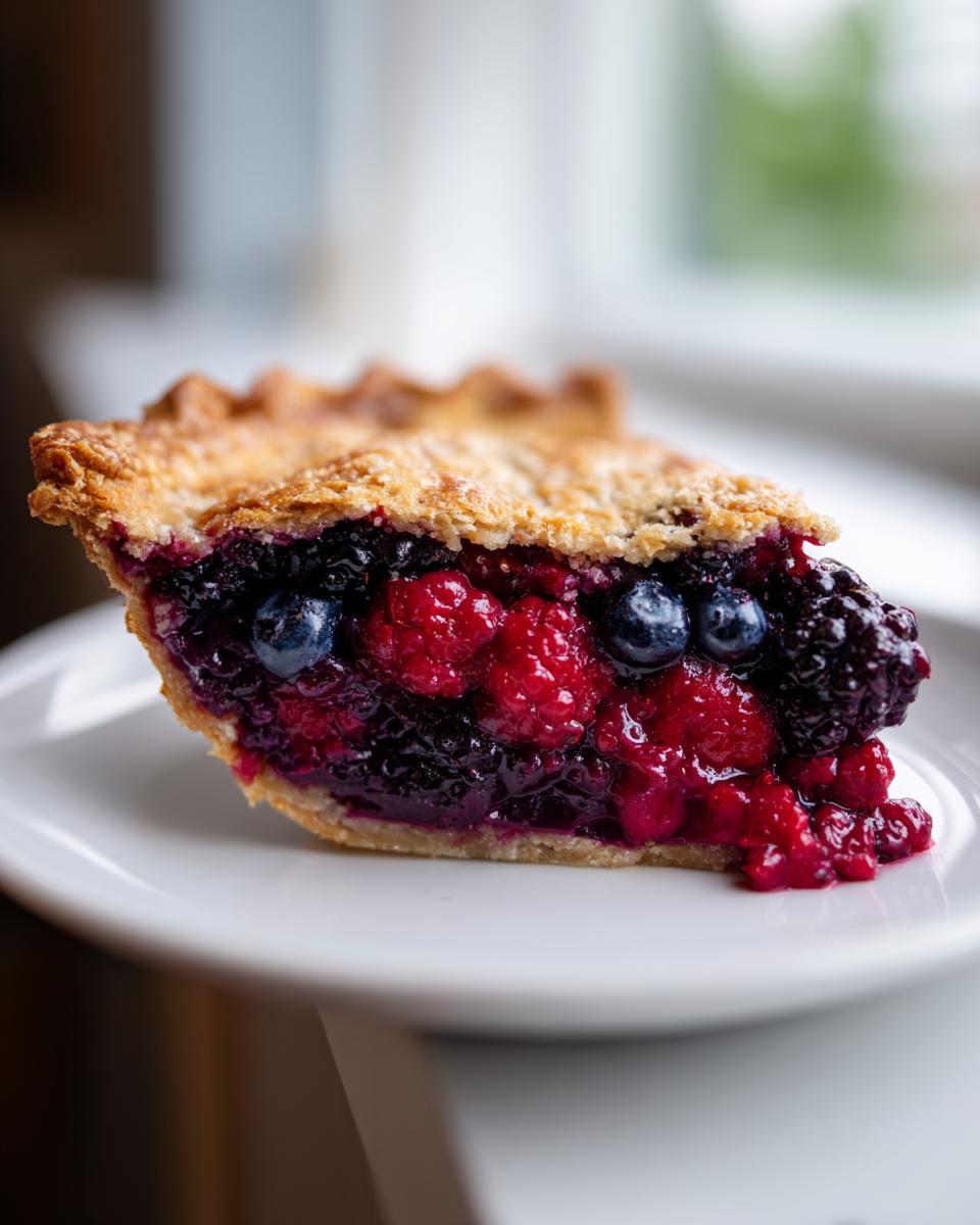 A close-up of a slice of triple berry pie showing juicy raspberries, blueberries, and blackberries on a white plate.
