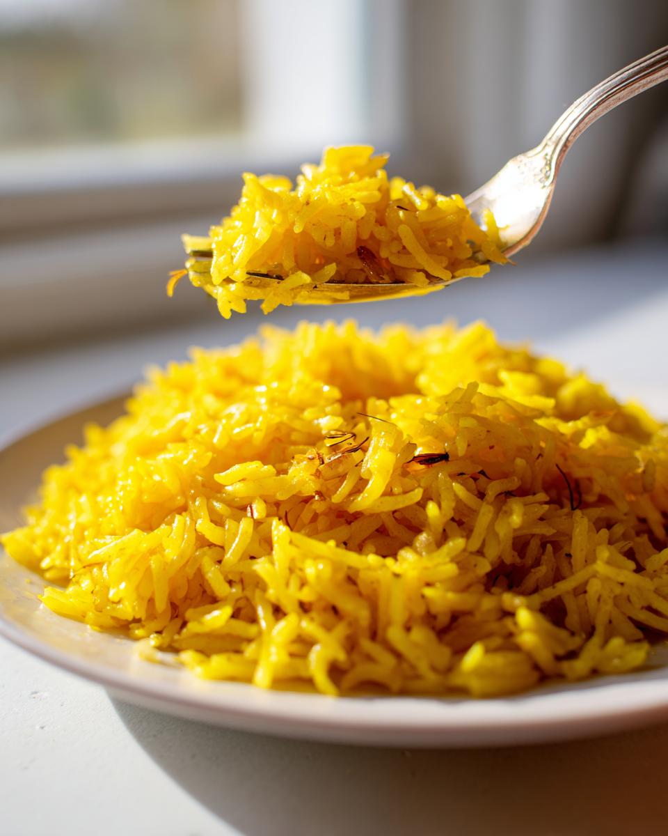A fork lifts a bite of fluffy, bright yellow turmeric rice from a mound served on a light plate.