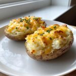 Two perfectly prepared twice baked potatoes loaded with creamy filling, melted cheddar cheese, and fresh chives.