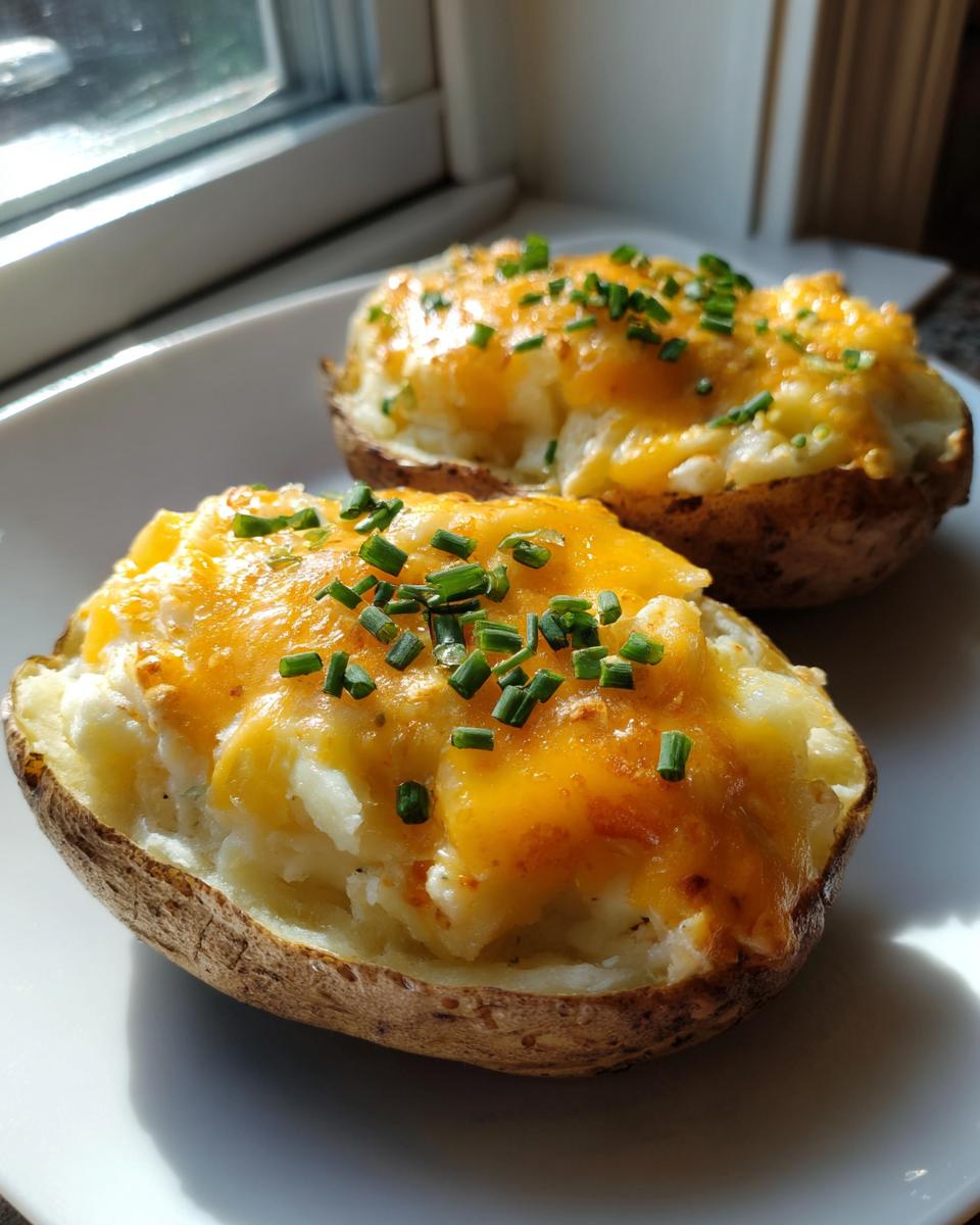 Two golden twice baked potatoes topped with melted cheddar cheese and fresh green chives, served on a white plate.