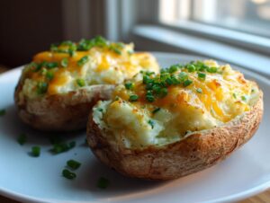 Two perfectly prepared twice baked potatoes topped with melted cheddar cheese and fresh chives on a white plate.