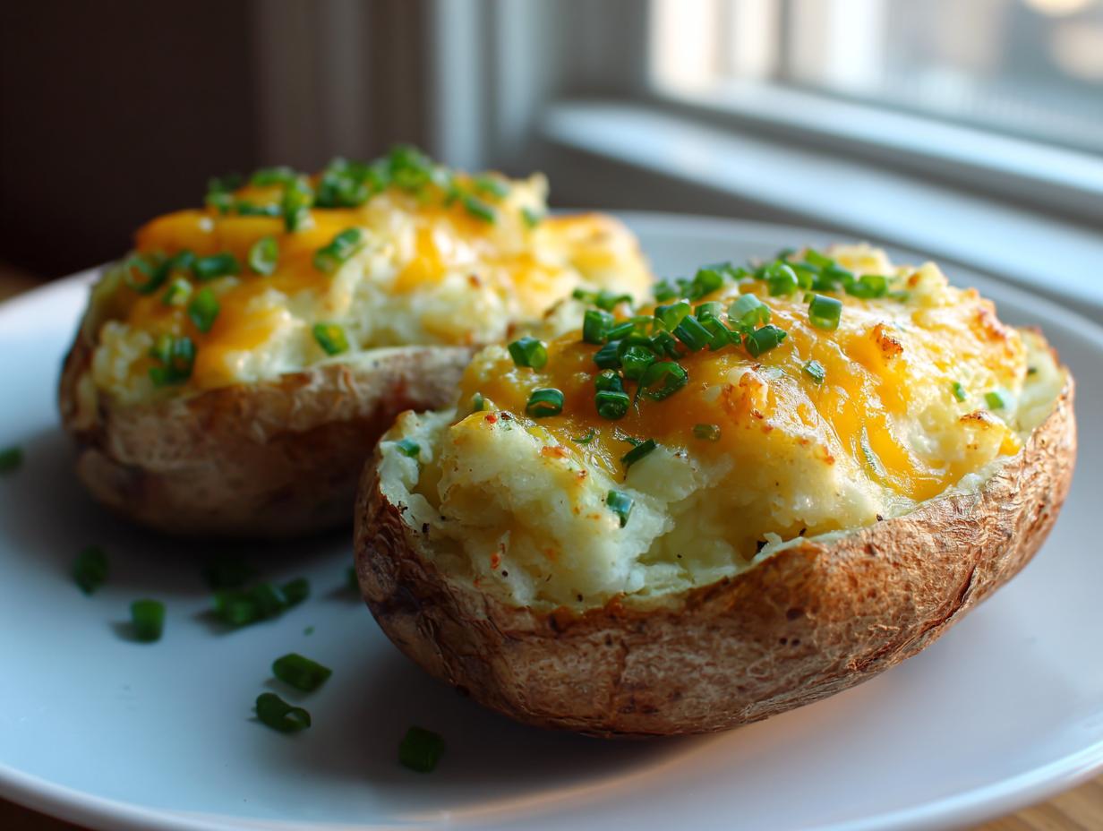 Two perfectly prepared twice baked potatoes topped with melted cheddar cheese and fresh chives on a white plate.